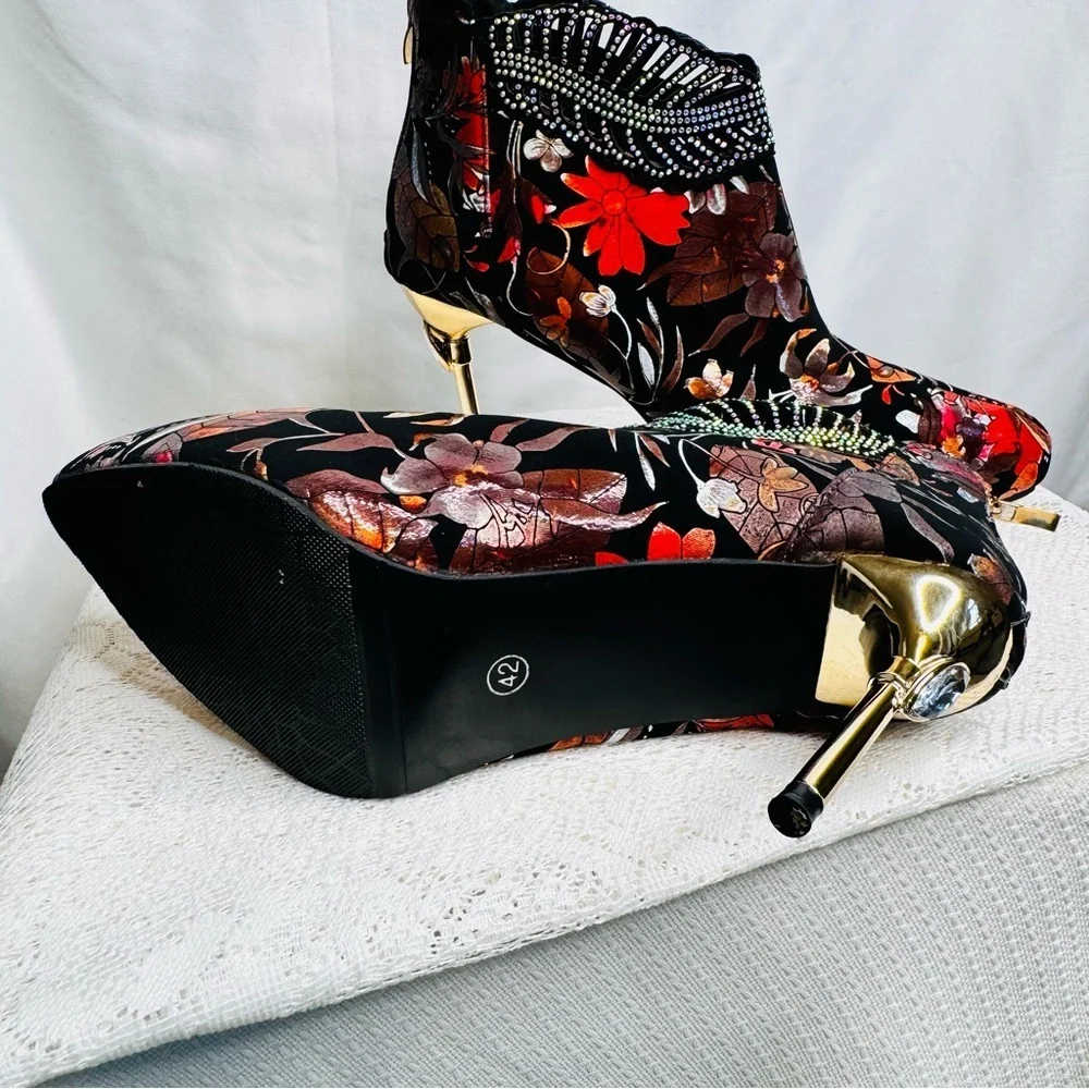 Floral Velvet Rhinestone Ankle Boots Sz 42 (US 10.5) Statement Stiletto Heel - Picture 7 of 16